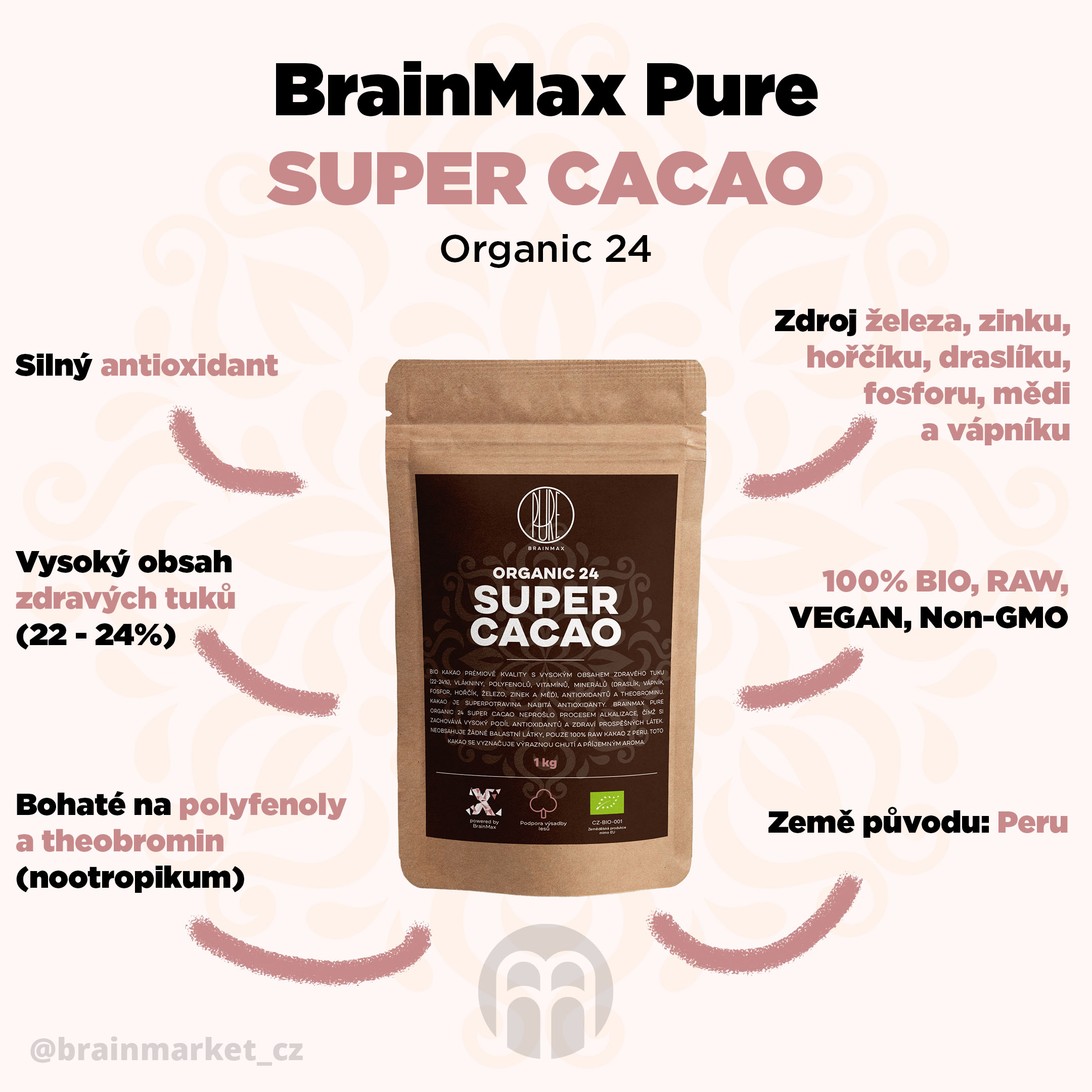 BrainMax Pure Organic 24 Super Cacao, BIO kakao, 500g - BrainMarket.cz